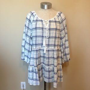 Anthropologie eri + Ali ladder lace peasant blouse madras plaid airy